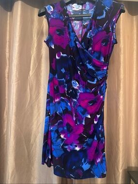 Chaps Sleeveless Floral Wrap Dress in Purple and Blue with Fuchsia Accents